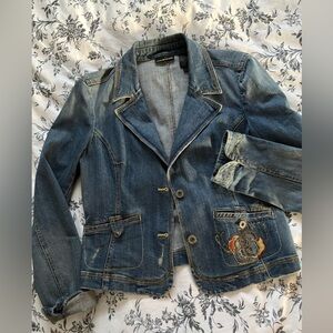Vintage DKNY Blue jean Jacket with Embroidered and top stitch Details